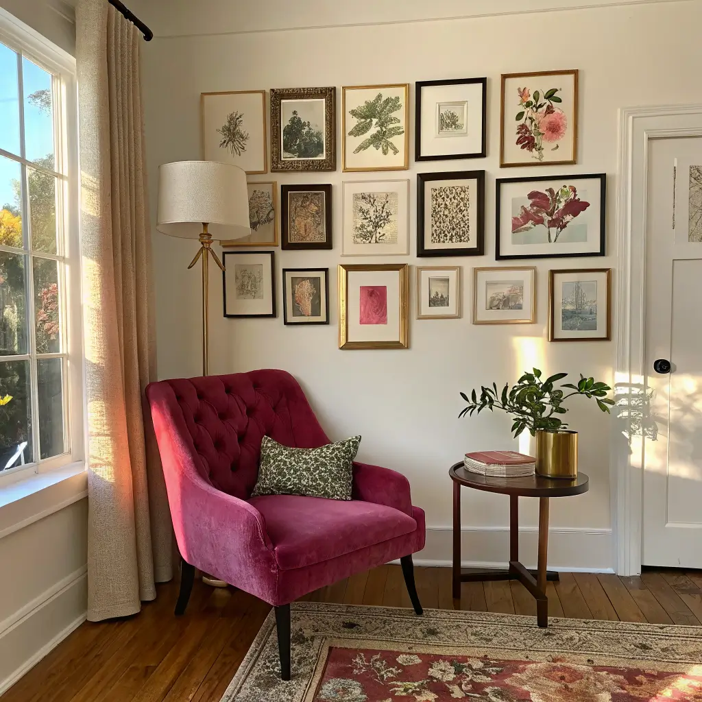 Photorealistic living room corner with a salon-style gallery wall on warm cream paint, a magenta velvet tufted accent chair with checkerboard pillow, walnut floor lamp with tangerine pleated shade, and a black rattan side table holding a cobalt lamp and brass tray in afternoon light.