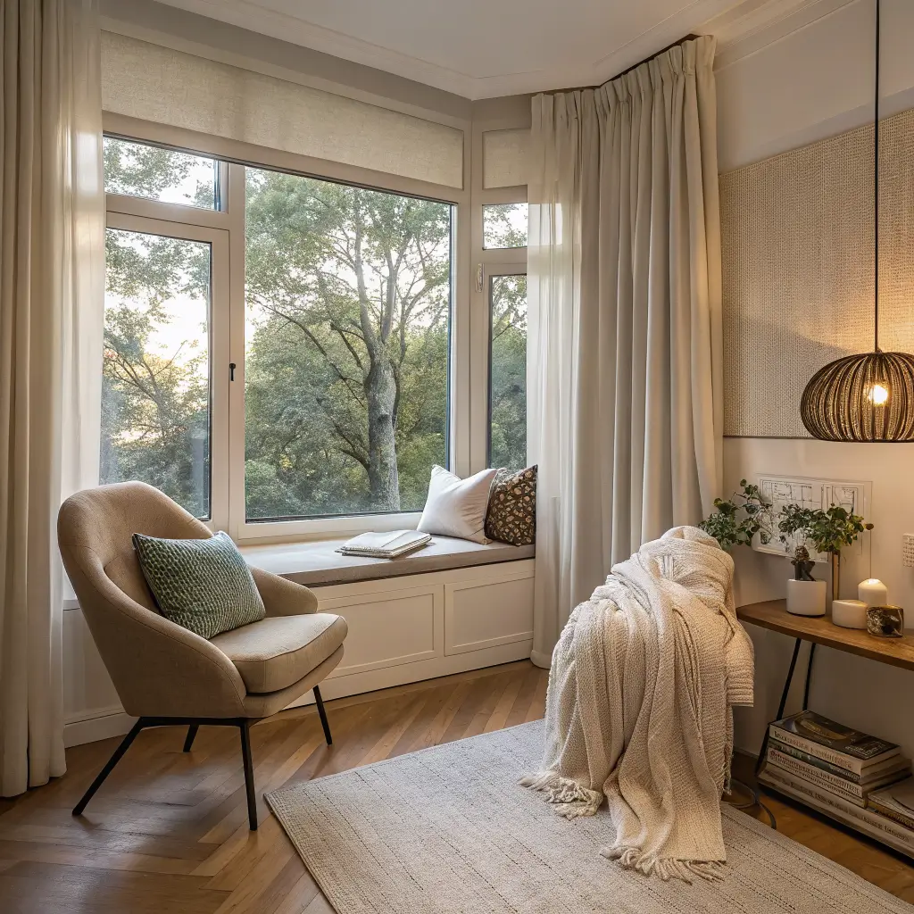 Photorealistic small apartment bedroom nook with bay window bench, oatmeal cushion, cream knit throw, sage pillow, bouclé chair, warm ceramic mushroom lamp, sheer linen curtains, oak floors, snake plant, and abstract wall art in soft evening light.