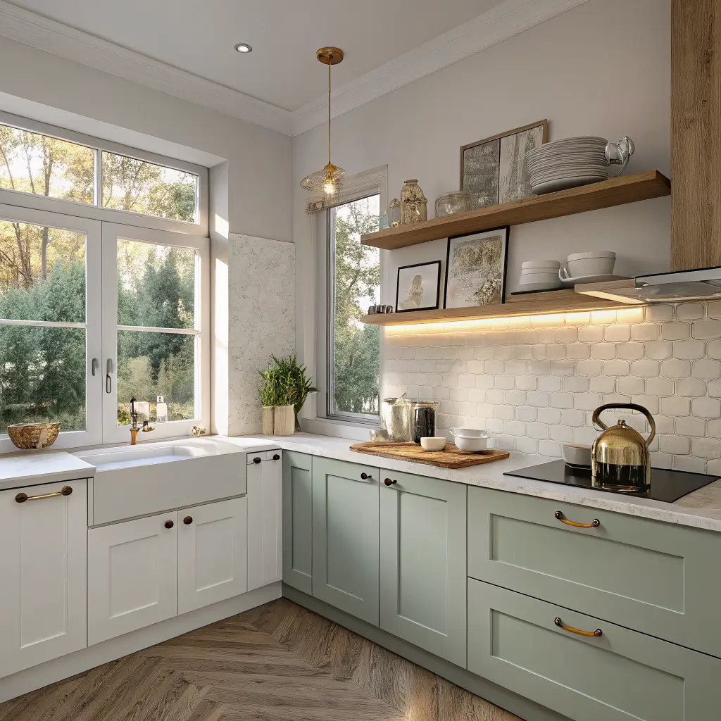 Photorealistic small L-shaped kitchen with warm white and sage cabinets, quartz backsplash, brass hardware, oak shelf by window, and golden late-afternoon light.