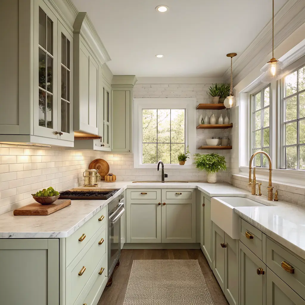 Photorealistic 80 sq ft kitchen with warm white ceiling-height shaker cabinets, pale sage lowers, cream quartz counter and slab backsplash, brushed brass pulls, oak cutting board, and rosemary in diffuse midday light.