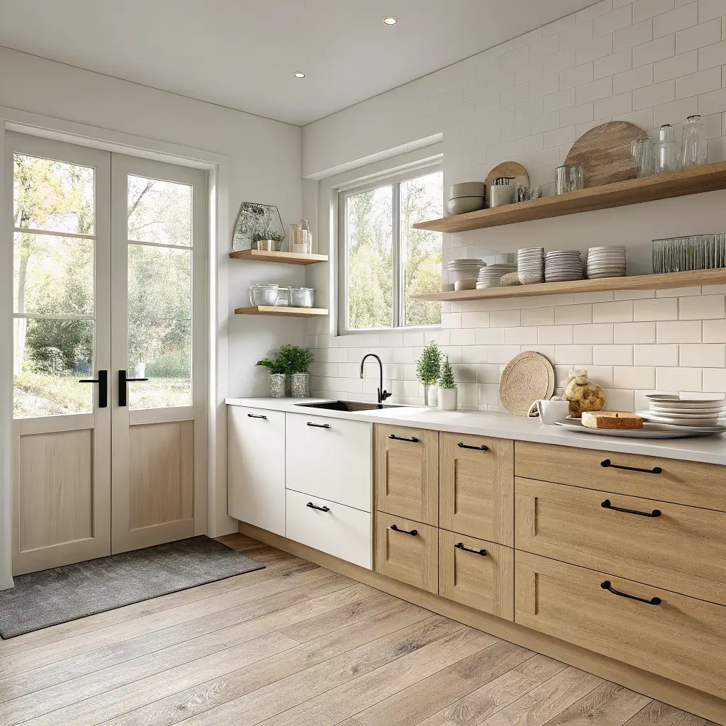 Photorealistic Scandi-minimal small kitchen corner with warm white cabinets, light oak shelves, quartz counter, brushed nickel pulls, and soft morning light.