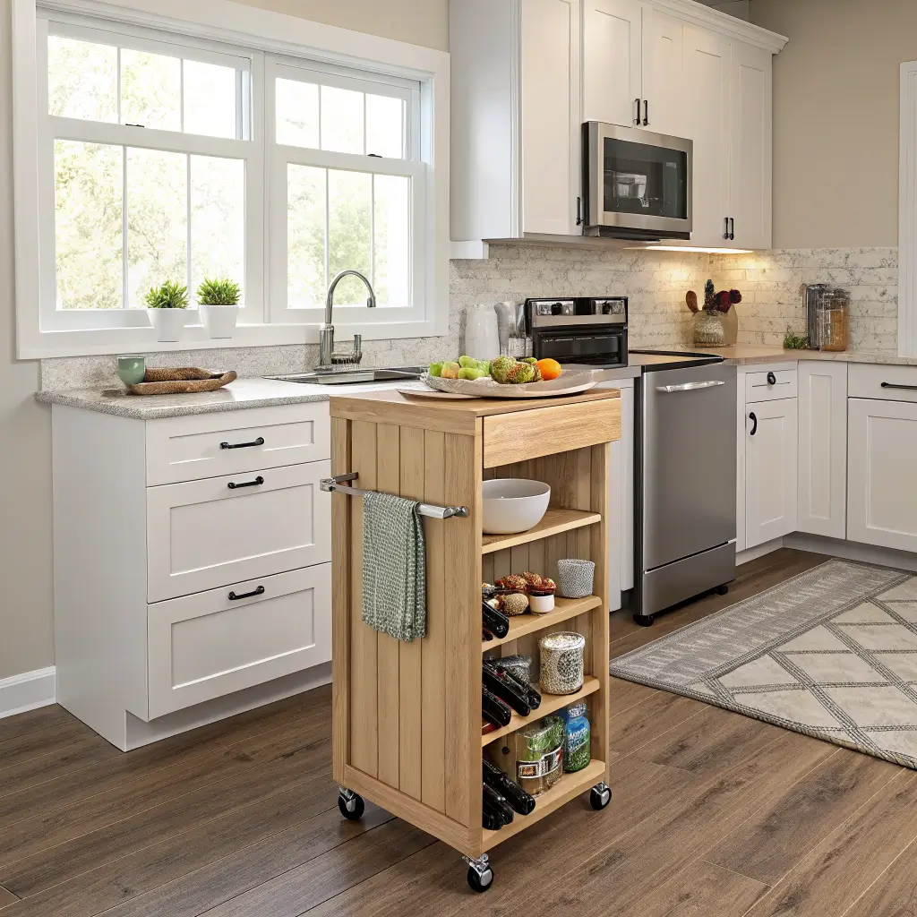 Photorealistic 75-square-foot kitchen with White Dove ceiling-height cabinets, sage wall with magnetic knife strip, slim oak slatted cart, honey LVP floor, quartz counters lit by warm under-cabinet LEDs, and a narrow pull-out pantry beside the fridge.