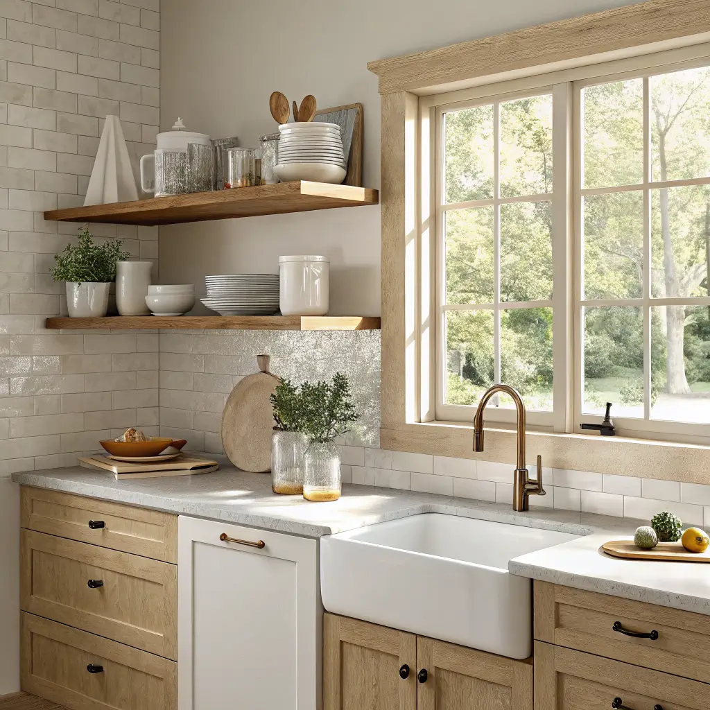 Small photorealistic kitchen vignette above sink with two light oak open shelves on quartz backsplash, stacked white plates, clear tumblers, honey mugs, brass hardware, eucalyptus in a bud vase, and a cutting board in soft afternoon light.