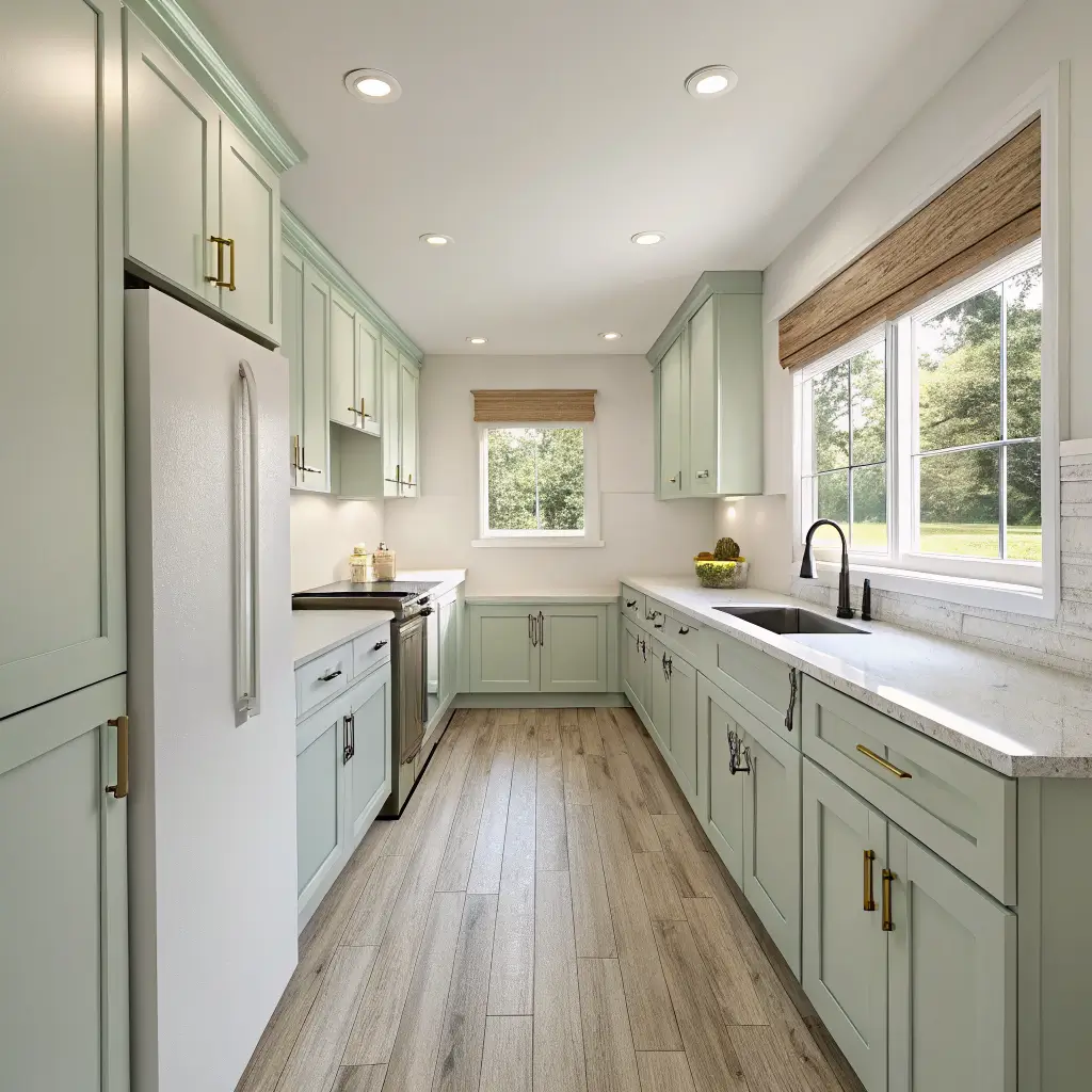 Photorealistic 77-sq-ft galley kitchen mid-assembly with White Dove and pale sage ceiling-height cabinets, honey LVP flooring, brass pulls, fridge-sink-range work triangle, and bright midday light with warm under-cabinet LEDs.