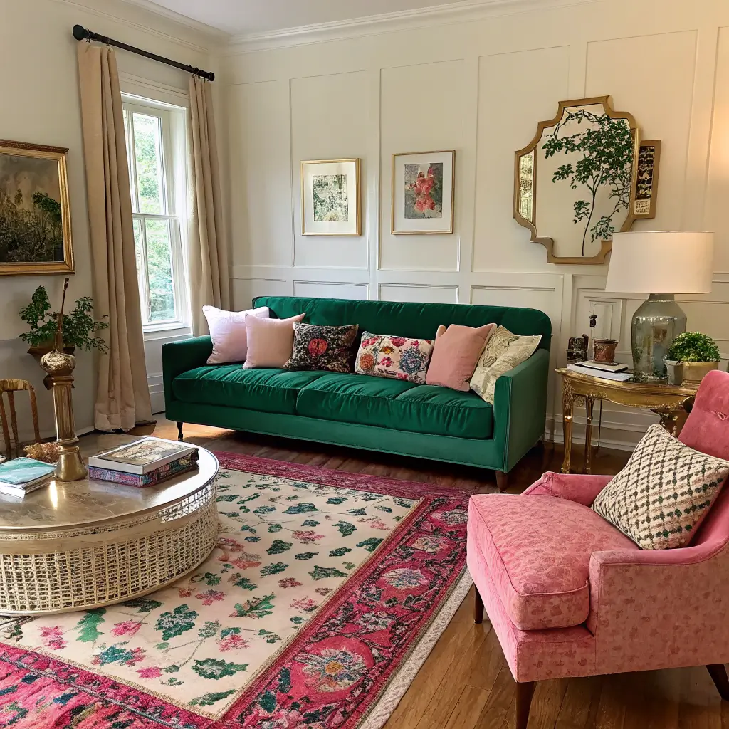 Wide-angle living room with an emerald velvet sofa on a ruby-pink floral rug, mixed patterned throw and pillows, black rattan chair, brass coffee table, walnut credenza with amber glass and gold mirror, lit by warm late-afternoon light.