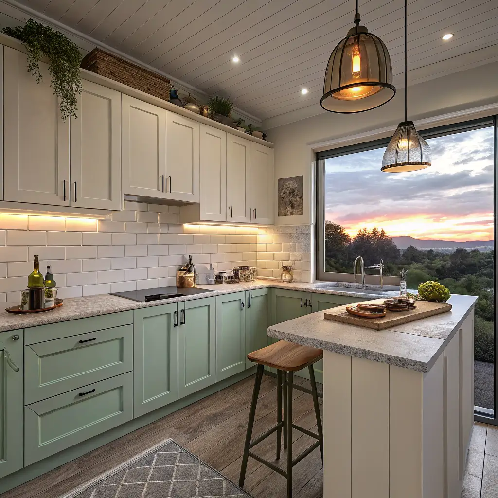 Photorealistic small kitchen at dusk with warm white upper cabinets, sage lower cabinets, quartz counters, brass pendant over a bar stool, under-cabinet LEDs, and deep blue evening light through the window.