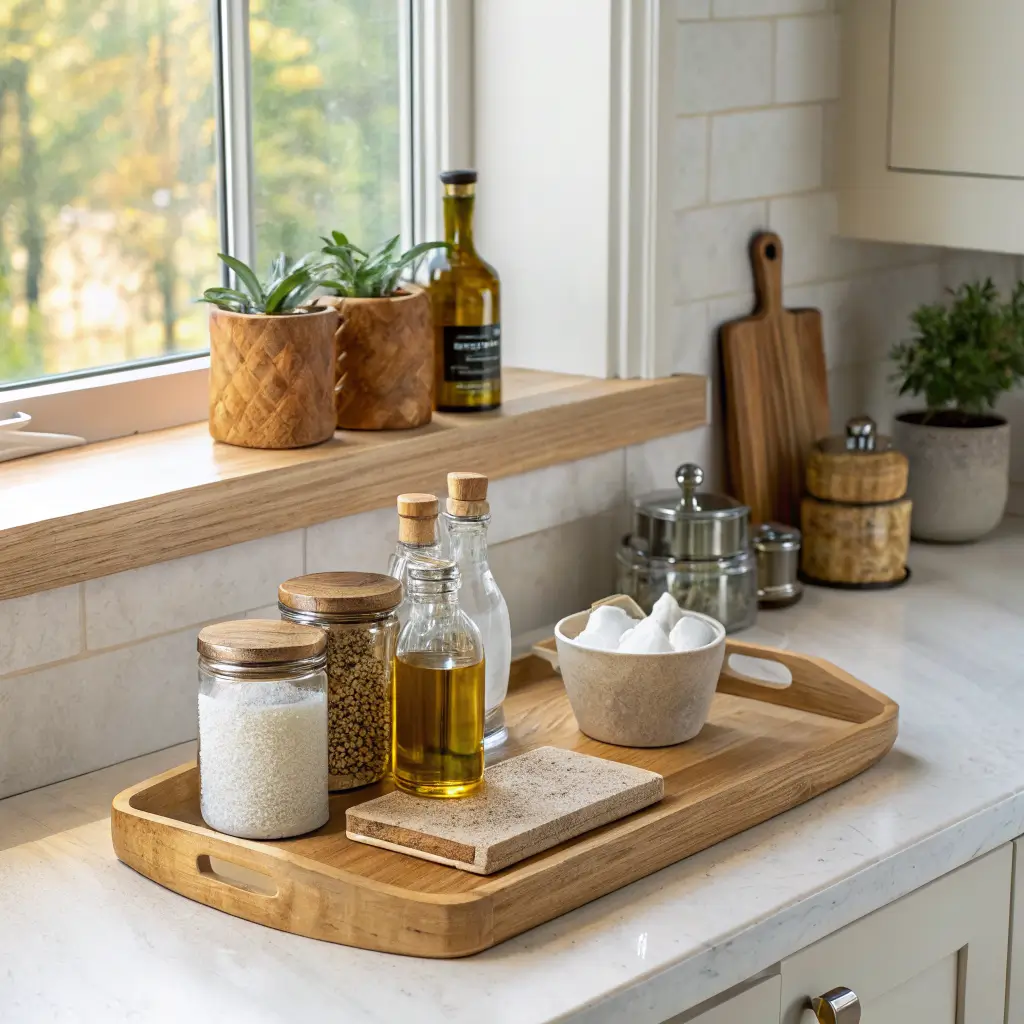 Photorealistic styled kitchen counter with oak tray holding olive oil, salt cellar, and brass pepper mill, cutting board against quartz backsplash, glass jars, and pothos on windowsill in soft afternoon light.