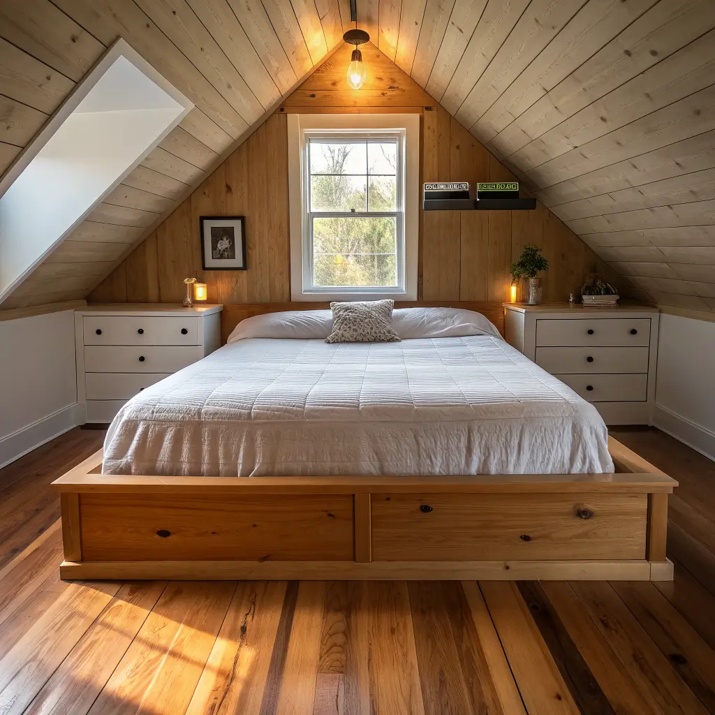 Low-angle view of a low platform bed in a small sloped-ceiling attic bedroom, golden-hour light through sheers, oat-linen headboard, white duvet, botanical print, and jute rug.