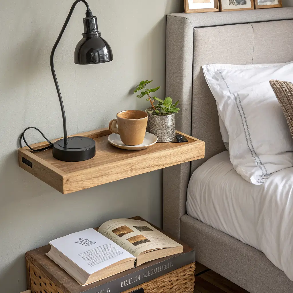 Photorealistic bedside close-up with a floating oak shelf on a greige wall, swing-arm black sconce glowing, mug of water in focus beside a book, brass ring dish, and small trailing ivy, with linen pillow and white waffle duvet edge visible.