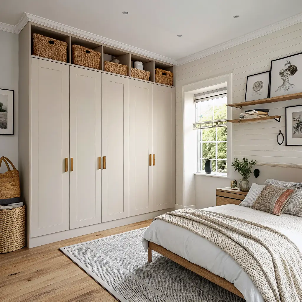 Photorealistic 9x11 bedroom with a tall matte oat wardrobe with brass pulls, underbed woven baskets, black picture ledges with art above an oak bed, and brass over-door hooks, warm white walls and jute rug in late-morning light.