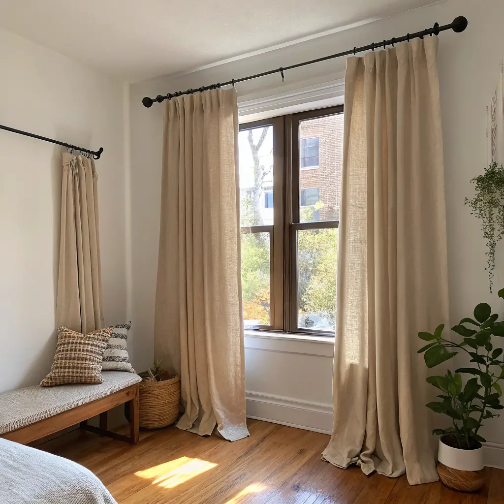 Small bedroom window with oat linen curtains hung near a 9-foot ceiling on a matte black rod, panels grazing oak floors, sunlight haze and lens flare, cane bench with sage throw below, and a fiddle leaf fig in a terracotta pot.