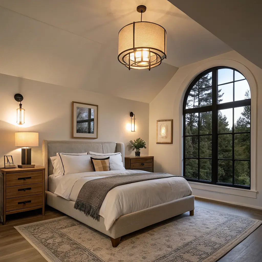 Dusk-lit 9x11 bedroom with warm globe ceiling light, black bedside sconces, and brass dresser lamp glowing against oat linen bedding and white walls, reflected in an arched black mirror with cool window light contrast.