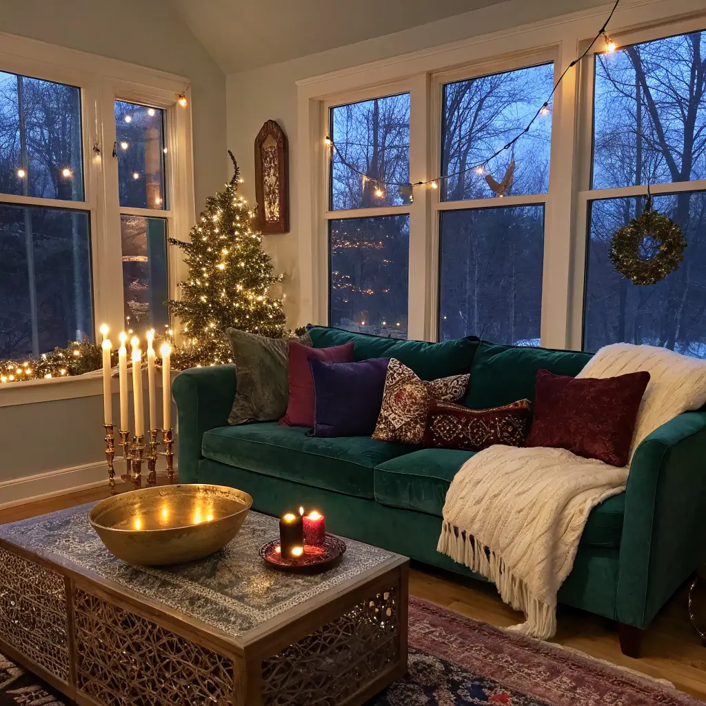 Cozy winter twilight living room with emerald velvet sofa, jewel-toned pillows, brass ornaments, candlelit walnut credenza, fairy lights, small tabletop tree, Persian rug, and warm amber lamp glow.