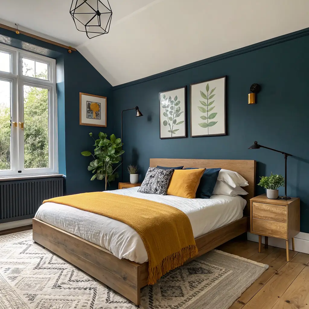 Moody Hague Blue cocoon bedroom with low oak platform bed, oat linen bedding, mustard lumbar pillow, brass plug-in sconces, abstract art, jute rug, and cane nightstand with eucalyptus in warm evening light.