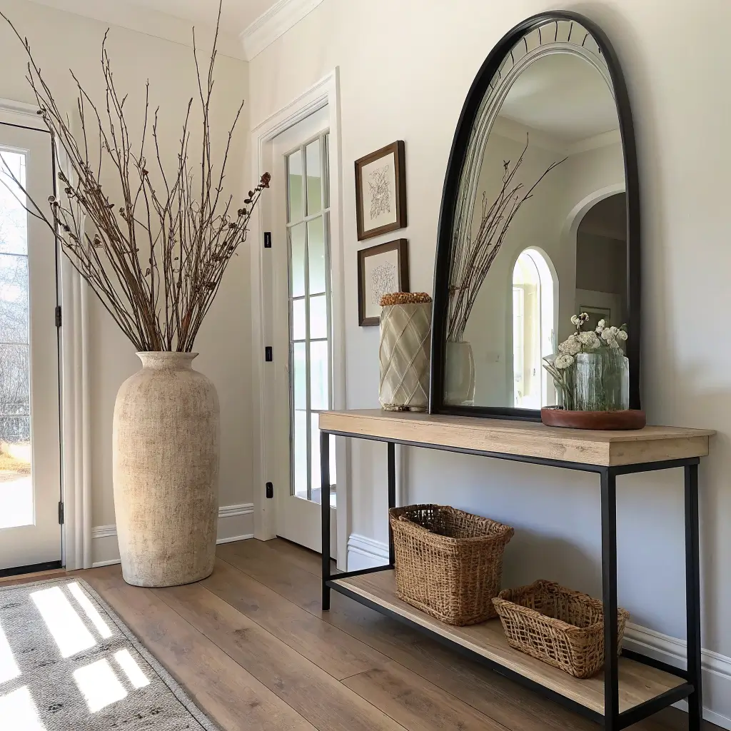 Photorealistic hallway corner with arched black-framed full-length mirror leaning on warm white wall, light oak pedestal console with cream vase of bare cherry branches, pale oak floor with soft afternoon shadows and seagrass basket.