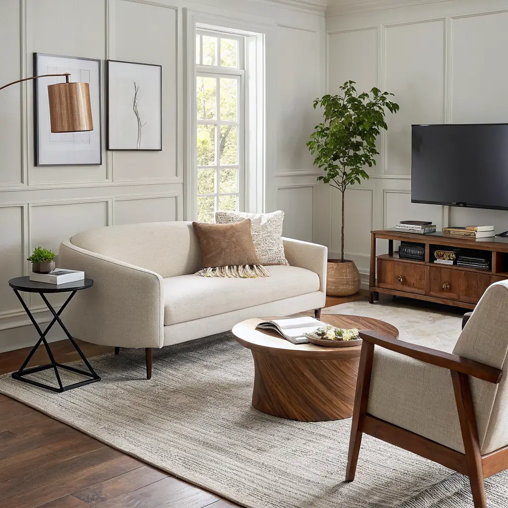 Photorealistic small-room corner with cream compact sofa, oak accent chair, walnut round coffee table with black bowl, boucle pouf on ivory rug, brass side table, and wall-mounted TV in soft daylight.