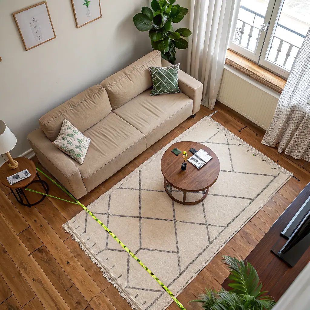 Overhead angled view of a small apartment living area with painter’s tape marking a sofa footprint on light oak floors, an oat boucle sofa, round walnut coffee table, cream rug, fiddle-leaf fig, and ceiling-high linen curtains in soft daylight.