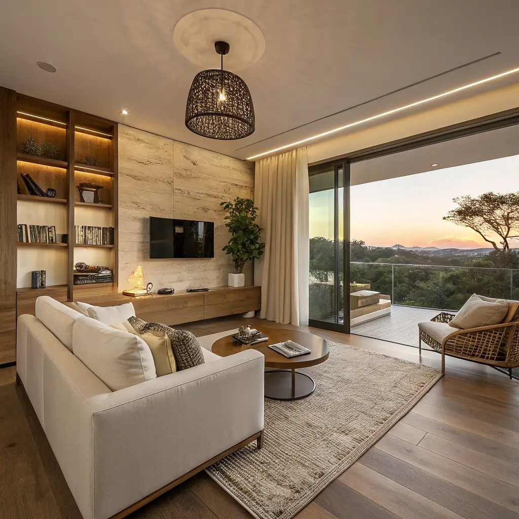 Photorealistic sunset-lit 150 sq ft open-plan living corner beside a kitchen, with a cream boucle sofa facing a wall-mounted TV above floating oak shelves, walnut round coffee table with books and brass taper candle, Poäng-style chair, ivory rug, oat curtains, and an olive tree in warm amber light.