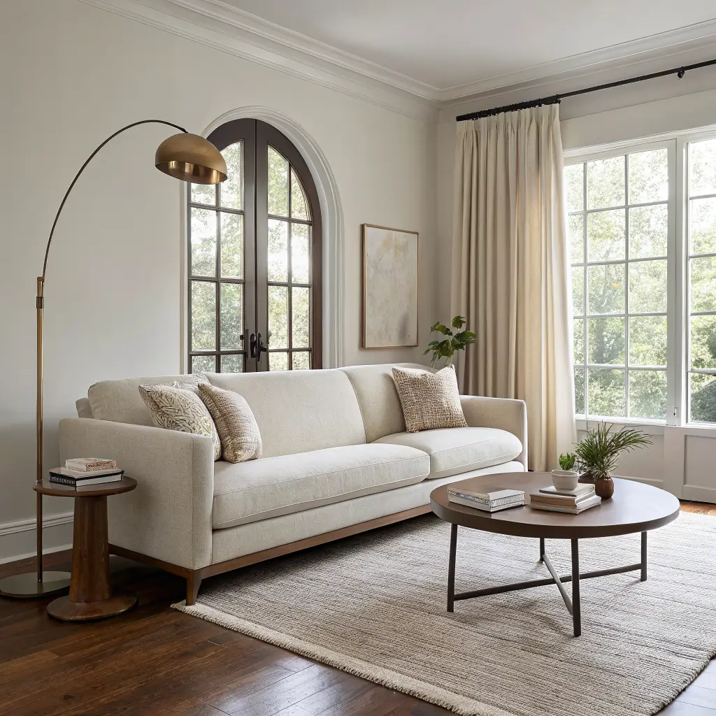 Side-angle photorealistic view of a small airy living room with an oat boucle sofa floating off a greige wall, cream rug, walnut round coffee table, brass arc lamp, and pale linen curtains in bright midday light.