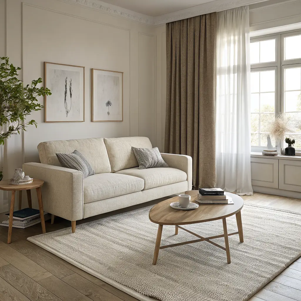 Photorealistic small living room with cream wool rug anchoring an oat bouclé sofa, round light oak coffee table with ceramic vessel and art book, bouclé pouf, and warm late-afternoon light.