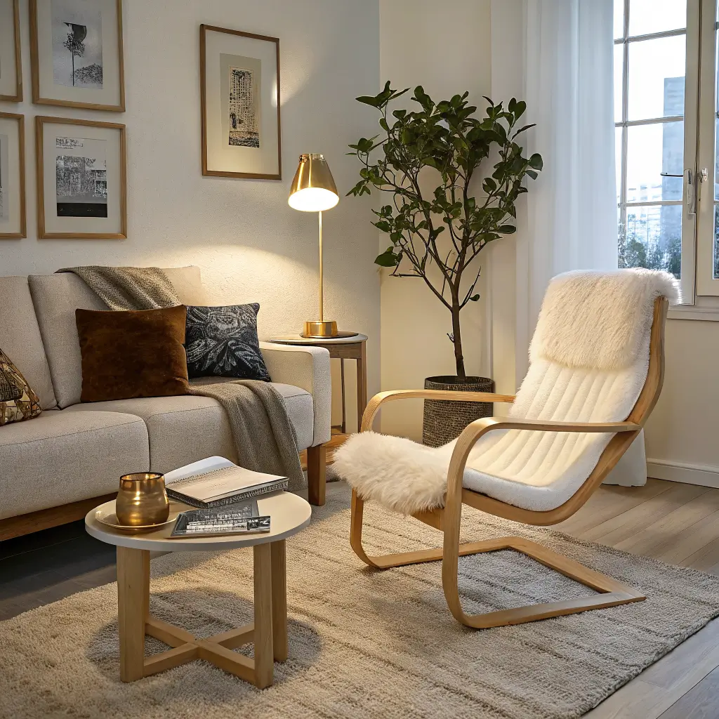 Photorealistic cozy reading corner in a small living room with a light oak sheepskin chair by a stone-look C-table and lamp, oat boucle sofa blurred behind, warm lamplight and cool dusk through linen curtains.
