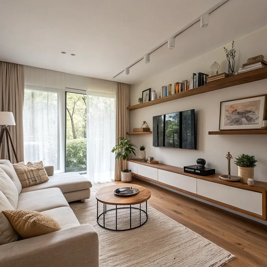 Photorealistic small living room with vertical design tricks: ceiling-high linen curtains, floating oak shelves with plants above tall windows, wall-mounted TV on pale oak wall, high-hung oil painting over boucle sofa, walnut round coffee table, cream rug, bright morning light.