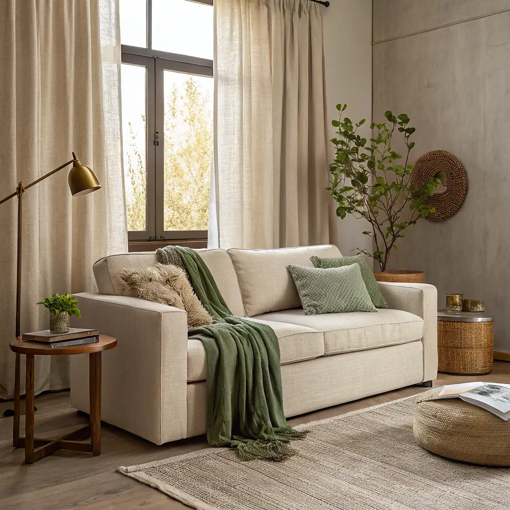 Photorealistic close-up of a neutral studio living area with sand linen sofa, layered textured pillows and wool throw, ash side table with brass lamp and terracotta vase, and a jute rug in warm afternoon light.
