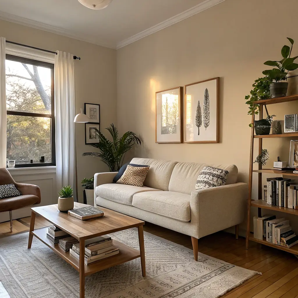Photorealistic 13x13 renter living room with warm greige walls and light oak floors, oat linen sofa, oval oak coffee table styling, rattan chair, and oak media console under a terracotta abstract canvas in late afternoon sun.
