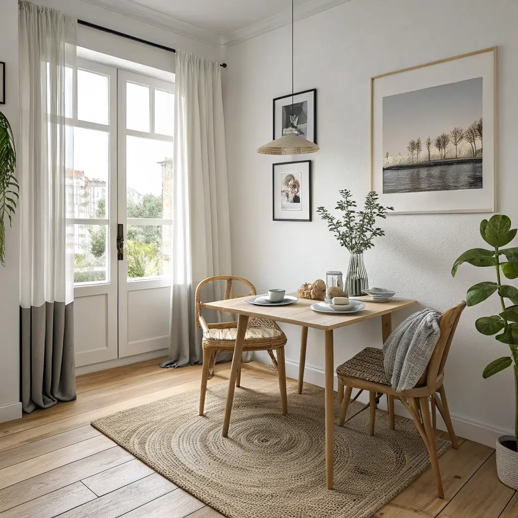 Photorealistic small studio dining nook with drop-leaf ash table, two cane chairs, jute runner, eucalyptus vase, abstract print, and brass wall sconce in soft morning light.