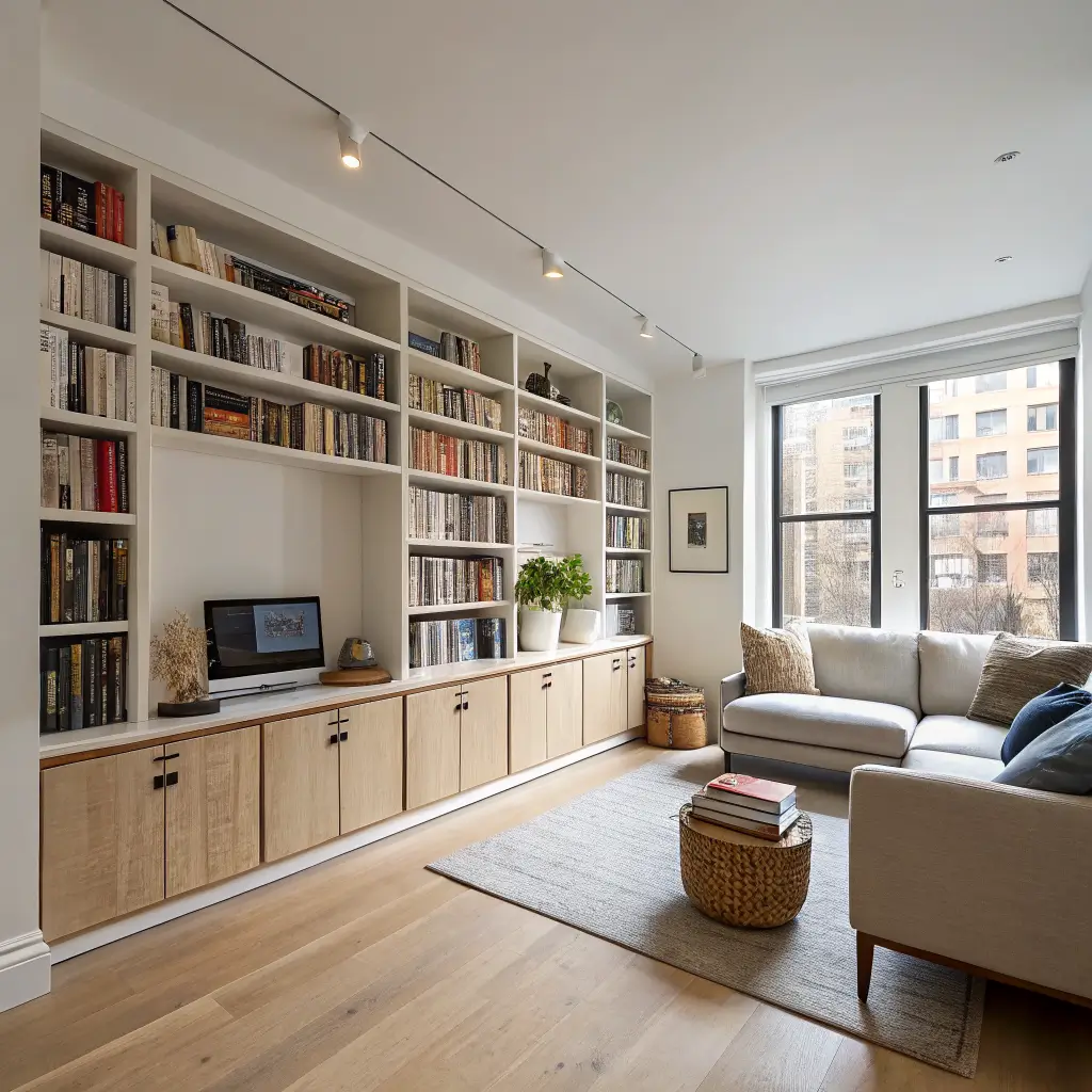 Photorealistic symmetrical shot of a small apartment living room with tall ceilings, oak bookcases flanking a linen sofa, color-organized books and decor, and an oak cube divider with plants in warm daylight.