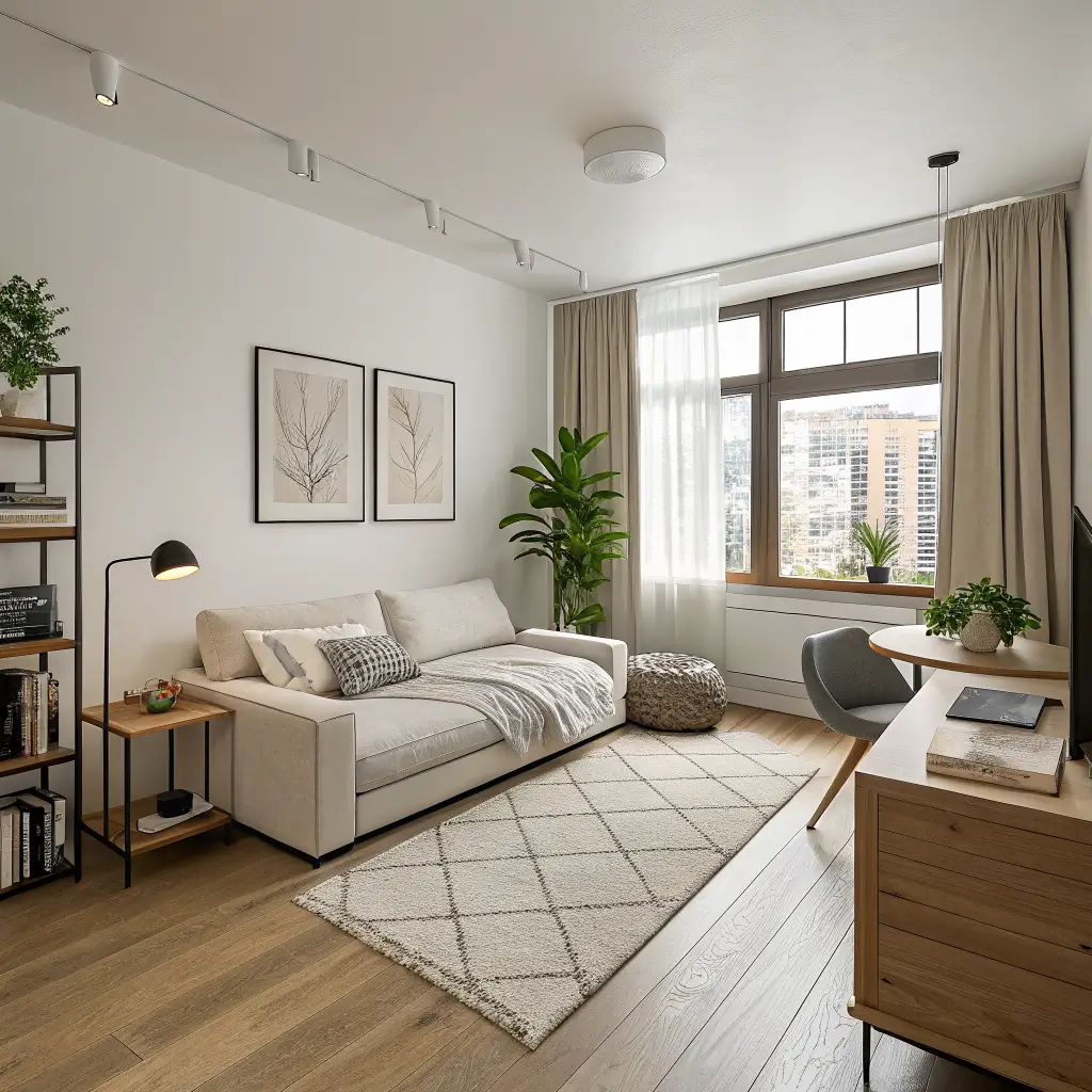 Overhead three-quarter view of a bright 13x15 studio apartment with a floating oat sofa and KALLAX console dividing the lounge from a low-profile bed, with light oak floors, jute rug, linen curtains, and subtle painter’s tape marking 30-inch walkways.