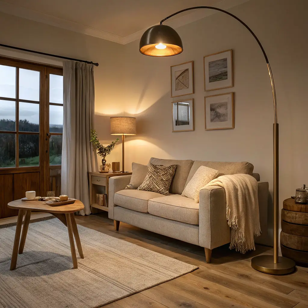 Cozy dusk-lit living room with greige walls and oak floors, oat linen sofa under a brass arc lamp, brass table lamp and wall sconce adding layered warm light, jute rug, cream throw and sage pillows.