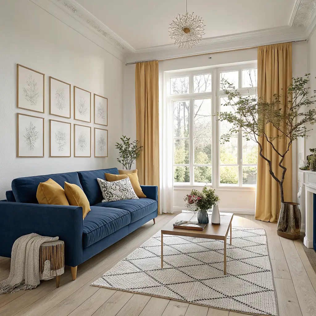 Photorealistic Scandinavian living room with cobalt blue velvet sofa, mustard cushions, oak coffee table, linen curtains, and sunlit white oak floors.