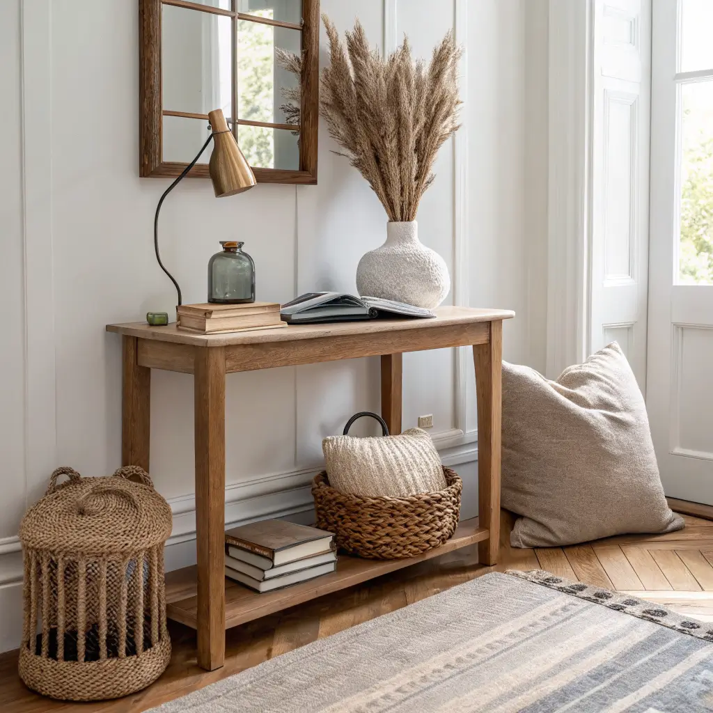 Photorealistic close-up of a small living room corner with an oak console, ceramic vase with dried wheat, bouclé pillow, rattan basket, linen books, brass lamp, and an abstract framed print above.