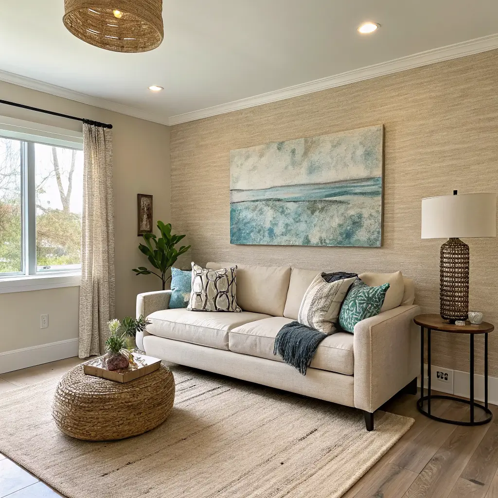 Small living room with terracotta peel-and-stick accent wall behind oat linen sofa, large abstract canvas above, light oak floors, jute rug, round oak coffee table with eucalyptus in soft daylight.
