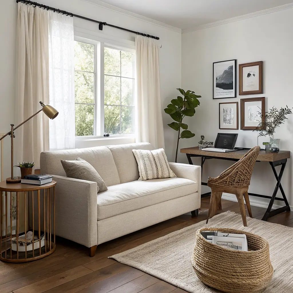 Photorealistic small studio with a narrow light oak console desk behind an oat linen sofa, cane chair, brass lamp, laptop, pothos plant, and sage abstract art in soft late-morning light.