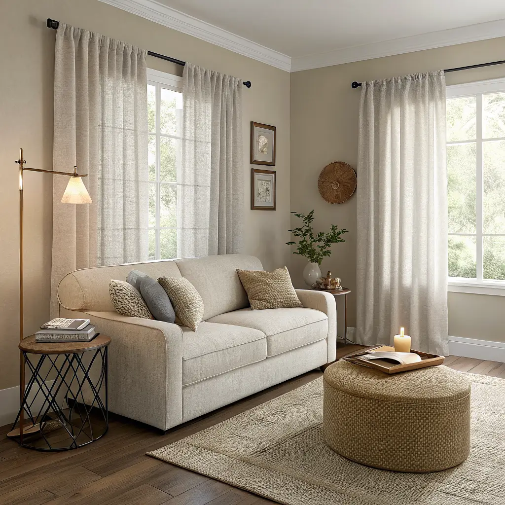 Photorealistic 10x12 greige living room with mushroom beige sofa, cream bouclé round ottoman with oak tray and decor, oat flatweave rug, brass arc floor lamp, and a minimal birch bookcase in soft daylight.