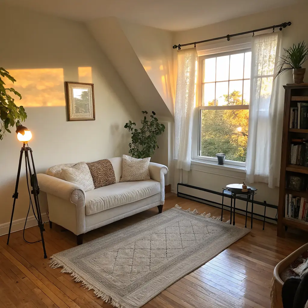 Small apartment living area mid-setup with cream bouclé loveseat on a jute rug, unboxed oak side table and tools, black tripod floor lamp, painter’s tape on wood floor, rolled rug and half-hung linen curtains in warm late-afternoon window light.