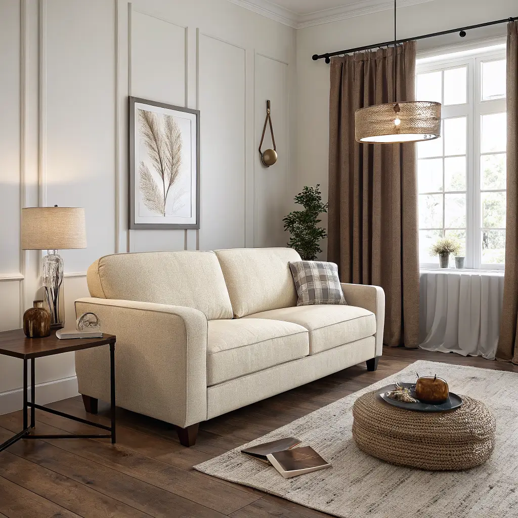 Photorealistic 10x11 living room with a compact 70-inch cream sofa on black tapered legs, jute rug, oak side table with brass lamp, and large abstract art above.