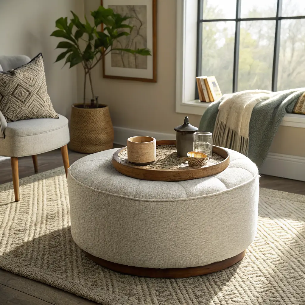 Photorealistic small living room with a round cream bouclé storage ottoman topped with an oak tray of books, brass taper holder, sage bowl, and terracotta candle, lid ajar showing a knit throw in warm morning light.