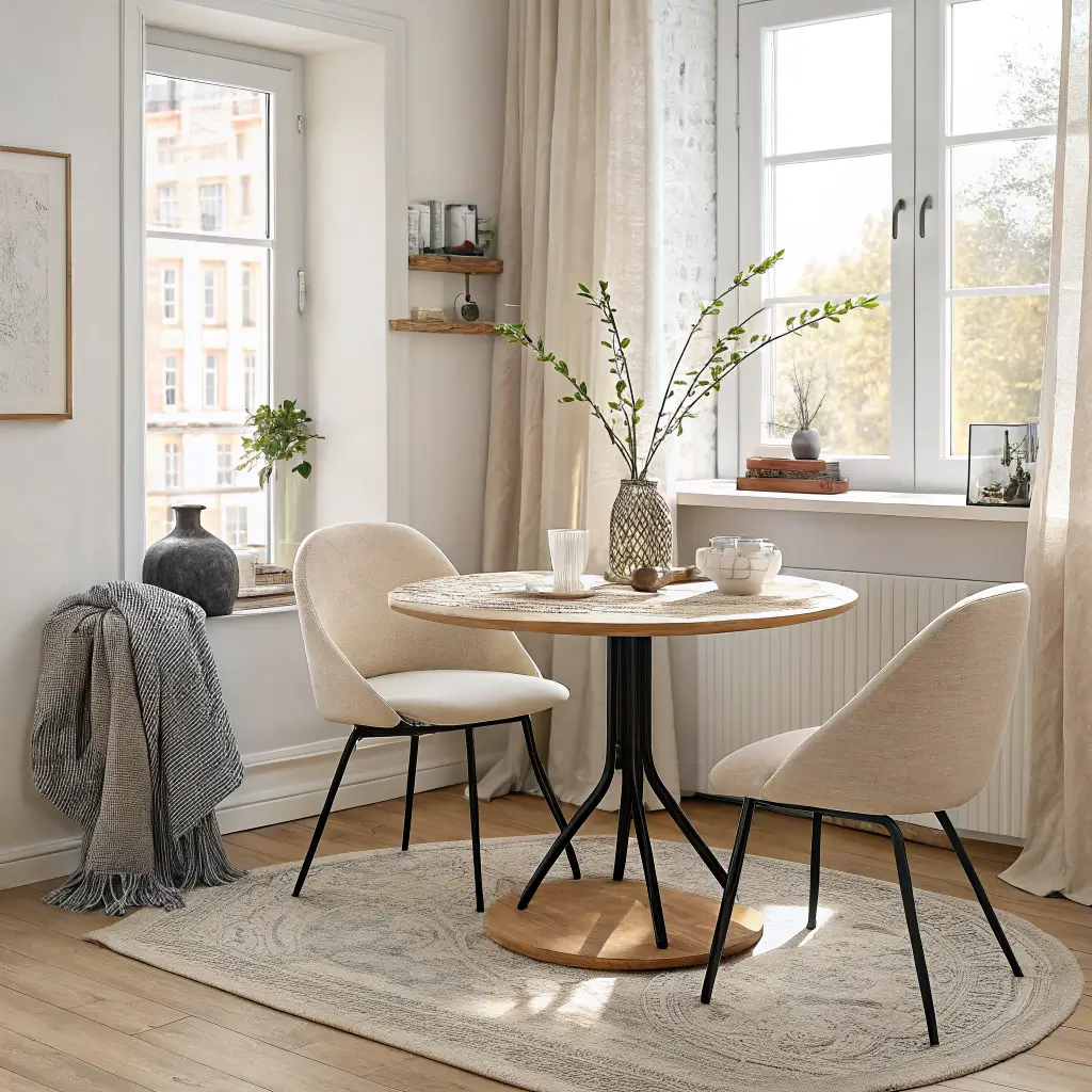 Photorealistic tiny studio dining nook with a 32-inch round light oak pedestal table, two cream bouclé chairs, and simple terracotta-and-eucalyptus styling by a window in bright midday light.