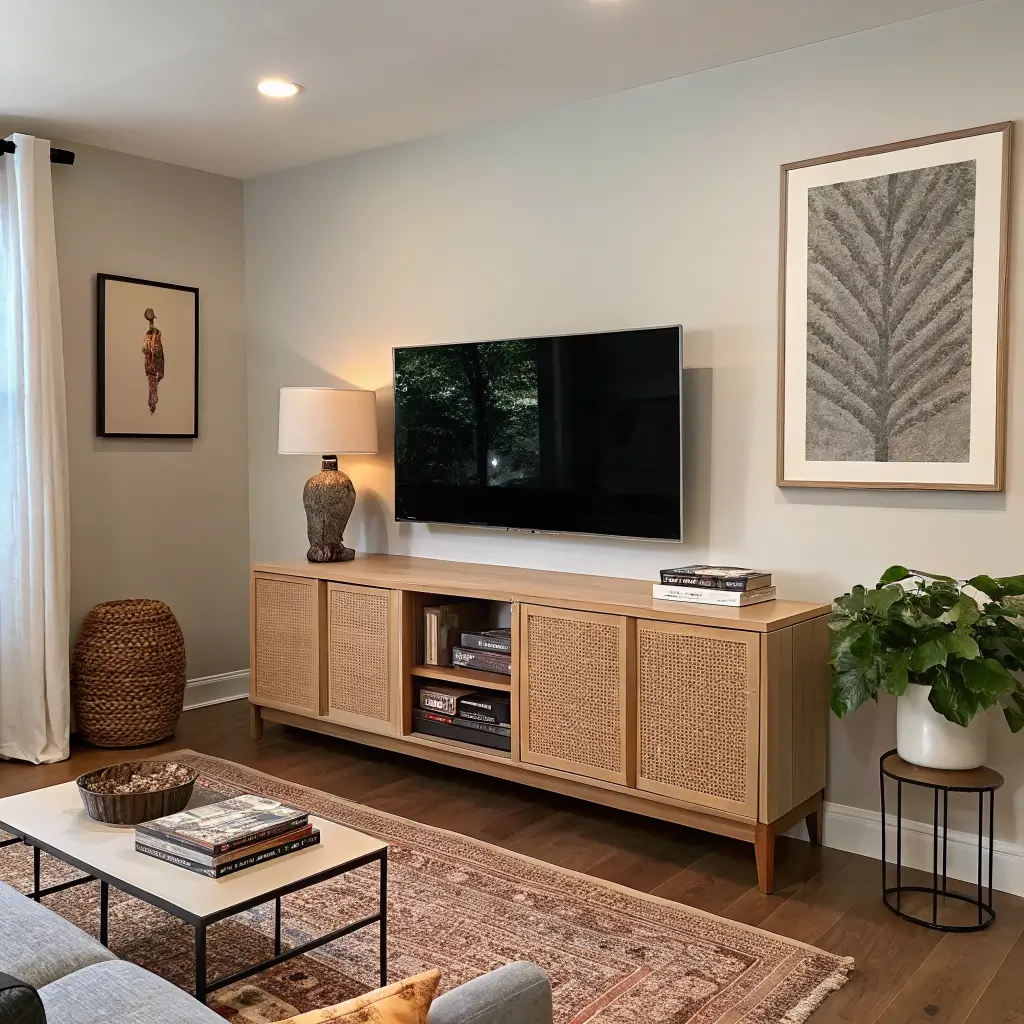 Photorealistic cozy living room media wall with a slim light oak cane-door console on black legs, warm brass lamp, art books, framed abstract print, and trailing pothos on a Swiss Coffee wall.