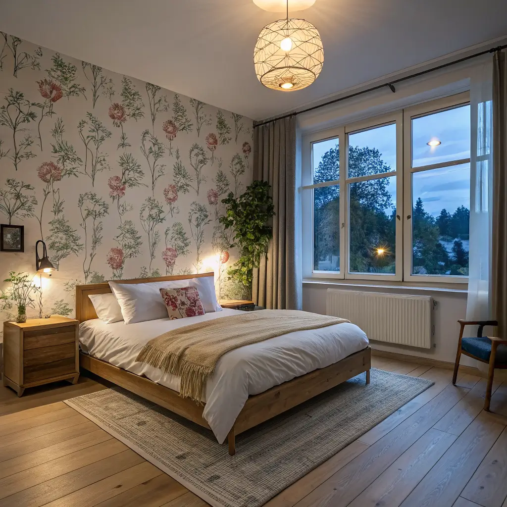 Photorealistic Scandinavian bedroom at blue hour with botanical feature wall, birch platform bed in oat linen, wool throw, blue cushions, oak floors, and warm globe lamp in a symmetrical view.