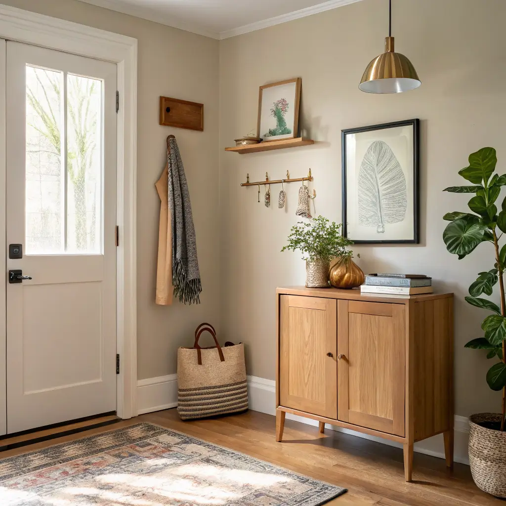 Photorealistic small apartment entryway with slim light oak shoe cabinet, brass hooks with tote and scarf, floating ledge shelf with art and trailing plant, and a narrow birch bookcase in soft morning greige tones.