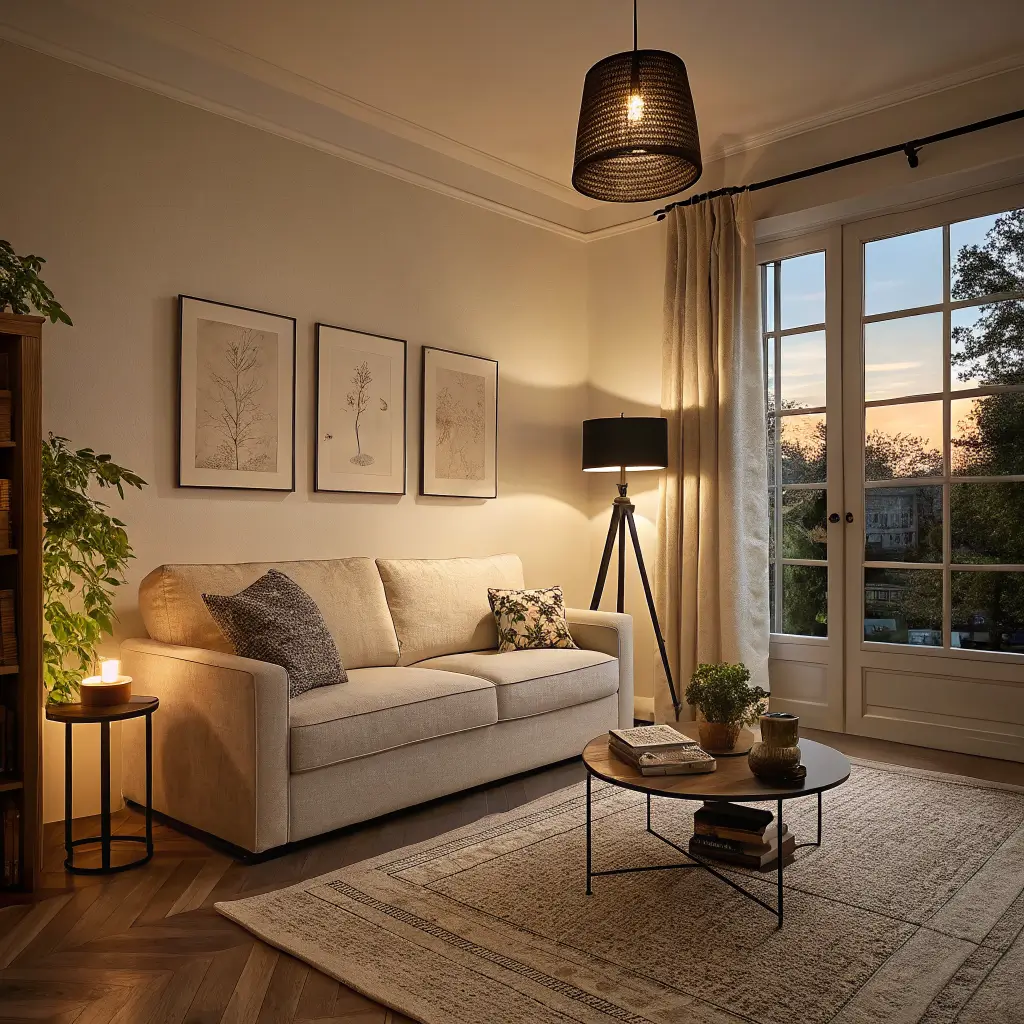 Photorealistic small living room at dusk with cream bouclé sofa on jute rug and layered warm lighting from a tripod floor lamp, brass table lamp, and wall sconces, contrasting blue-hour window light.