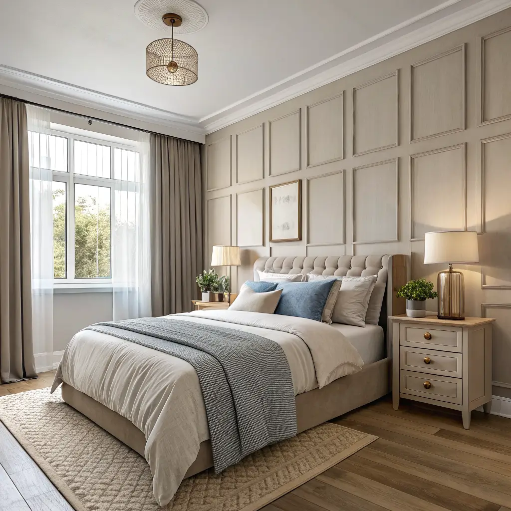 Photorealistic 10x11 rental bedroom with Swiss Coffee walls, peel-and-stick picture-frame molding accent wall behind a queen bed, light oak nightstands with brass lamps, oat rug, round mirror, and olive tree in soft morning light.