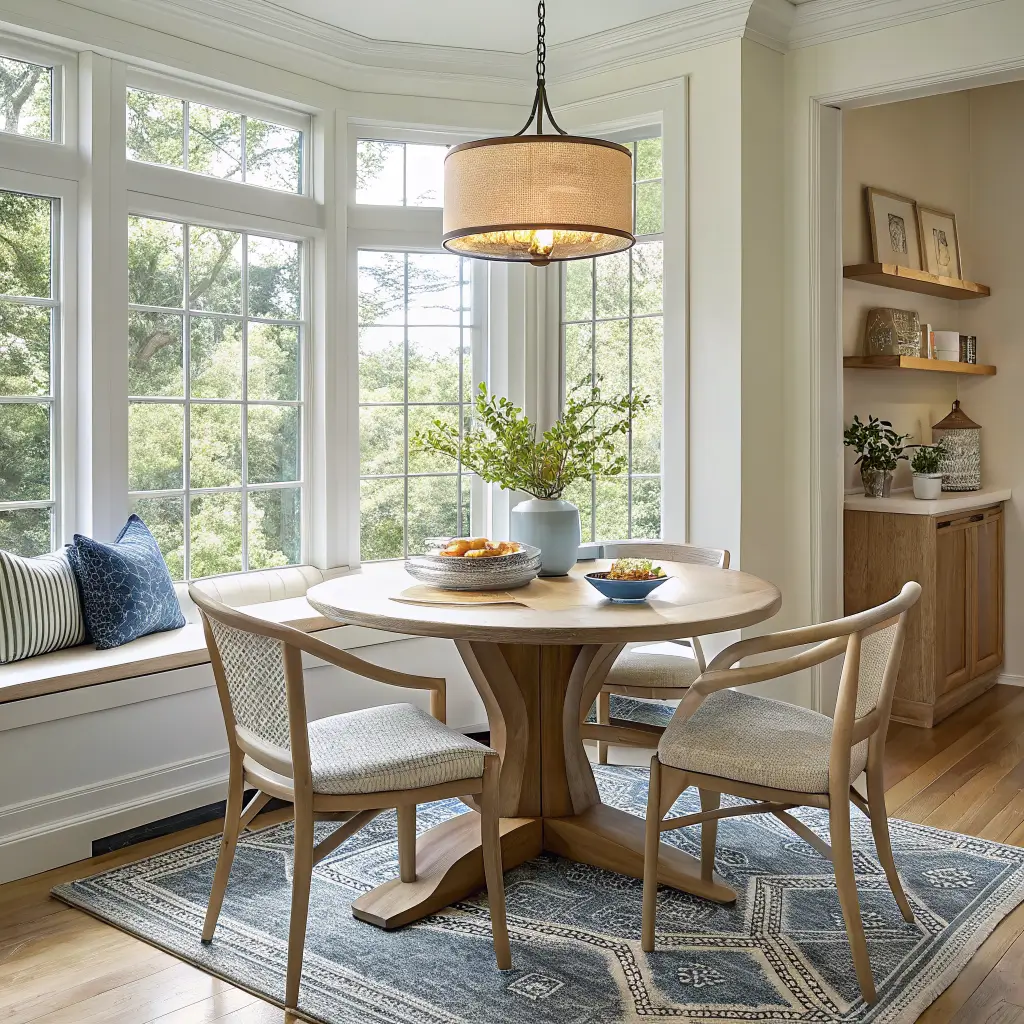 Photorealistic bay-window dining nook with round oak pedestal table, four ash chairs with woven seats, geometric rug, low paper lantern, celadon alcove shelf with stoneware, books, and linens in late-morning light.
