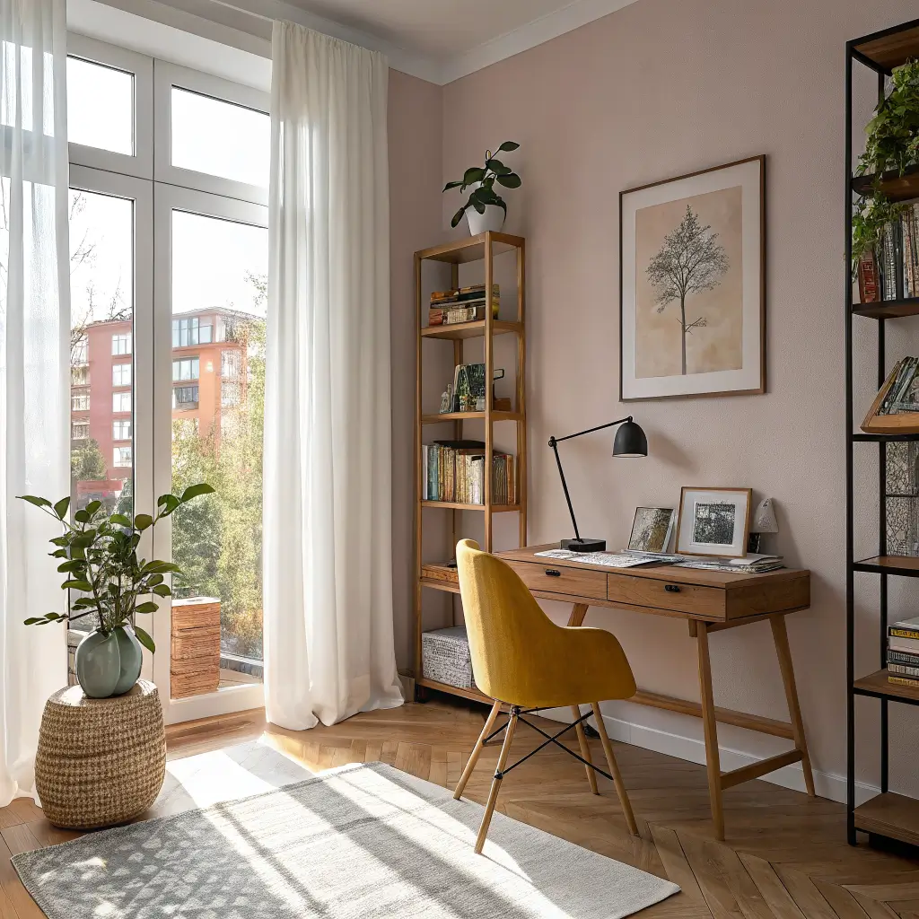 Photorealistic Scandinavian home office with a white oak desk by a window with sheer linen curtains, dusty pink accent wall with slim bookshelf, warm table lamp, ash chair with sheepskin, abstract rug, and potted olive plant in afternoon sun.