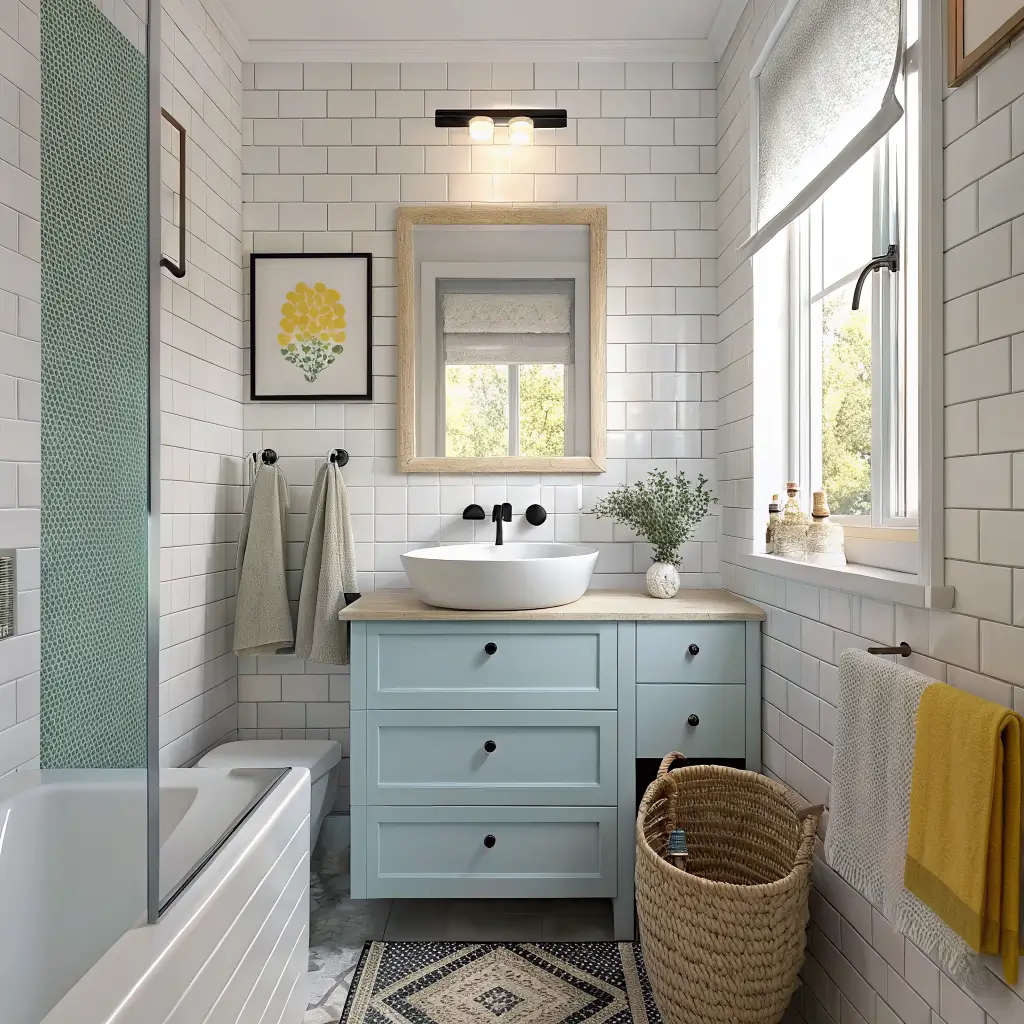 Photorealistic small Scandinavian bathroom with duck-egg blue walls, white subway tile, oak floating vanity with round basin, black tap, glowing sconce, frosted window morning light, and rattan towel basket.