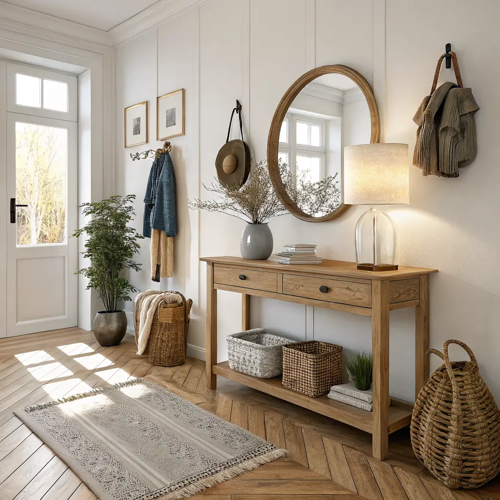 Photorealistic Scandinavian entryway with oak floors, console table, round mirror, peg hooks with jacket and scarf, cobalt runner rug, and soft yellow door in warm afternoon light.